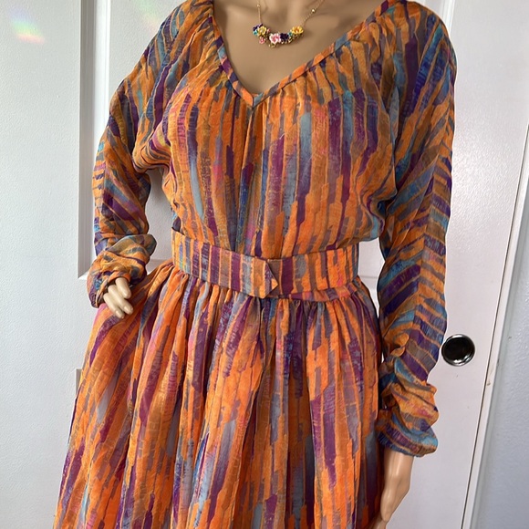 Vtg 60s 70s fabulous watercolor sheer overlay orange purple dress S - Picture 4 of 12
